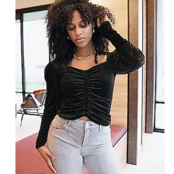 Express Velvet Long Sleeve Ruched Front Top - Picture 1 of 3